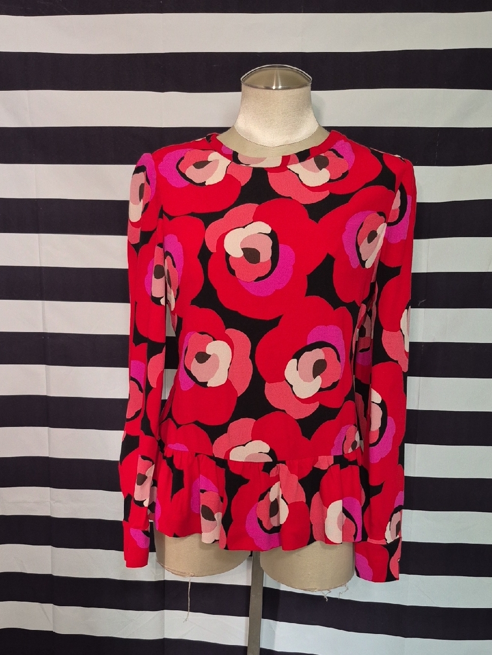 Kate Spade Bright Red Floral Peplum Long-Sleeve Top